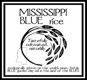 MISSISSIPPI BLUE RICE TASTEFULLY CULTIVATED... NATURALLY RICE RIZ ARROZ RISO REIS BIGAS MI BERENJ ORYZA CHAWAL KOME KOME OREZ ARICI ECOLOGICALLY GROWN ON THE WORLD'S MOST FERTILE BLUE GUMBO CLAY SOIL IN THE LAND OF THE BLUES logo