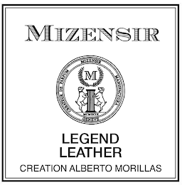 MIZENSIR LEGEND LEATHER CREATION ALBERTO MORILLAS M MCMXCIX MIZENSIR MANUFACTURA GENEVE CREATEUR DE PARFUM logo