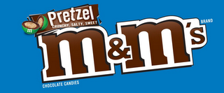 M&M'S BRAND CHOCOLATE CANDIES PRETZEL CRUNCHY, SALTY, SWEET M logo