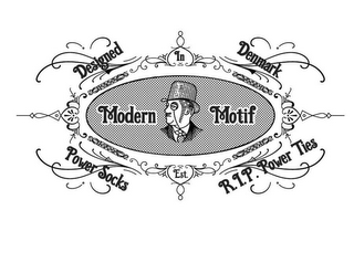 MODERN MOTIFF DESIGNED IN DENMARK POWER SOCKS EST. R.I.P. POWER TIES logo