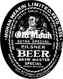 MOHAN MEAKIN LIMITED. ESTD. 1855 PRODUCE OF INDIA BREWED FROM INDIAN GOLDEN BARLEY & GERMAN CONTINENTAL HOPS OLD MONK EXTRA SPECIAL PILSNER DEC. 83 BEER BREW MASTER SPECIAL BREWED & BOTTLED BY MOHAN NAGAR BREWERY, DIST. GHAZIABAD (U.P.) REGD OFFICE: SOLAN BREWERY (H P.) logo