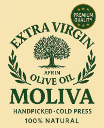 MOLIVA PREMIUM QUALITY EXTRA VIRGIN OLIVE OIL AFRIN HANDPICKED · COLD PRESS 100% NATURAL logo