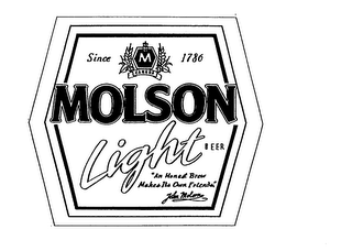 MOLSON LIGHT BEER M CANADA SINCE 1786 "AN HONEST BREW MAKES ITS OWN FRIENDS." JOHN MOLSON logo