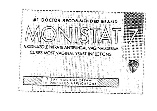MONISTAT 7 #1 DOCTOR RECOMMENDED BRAND MICONAZOLE NITRATE ANTIFUNGAL VAGINAL CREAM CURES MOST VAGINAL YEAST INFECTIONS 7 DAY VAGINAL CREAM IN PREFILLED APPLICATORS logo