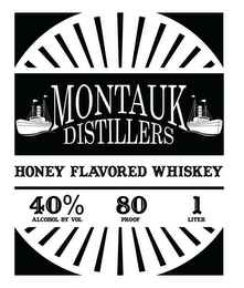 MONTAUK DISTILLERS HONEY FLAVORED WHISKEY 40% ALCOHOL BY VOL 80 PROOF 1 LITER logo
