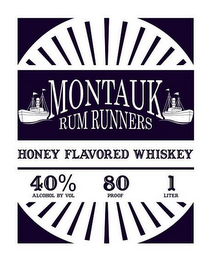 MONTAUK RUM RUNNERS HONEY FLAVORED WHISKEY 40% ALCOHOL BY VOL 80 PROOF 1 LITER logo
