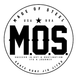 M.O.S. MADE OF STEEL USA BRA SUCCESS IS NOT A DESTINATION ITS A JOURNEY SKATE SURF JIU JITSU logo