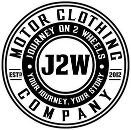 MOTOR CLOTHING COMPANY JOURNEY ON 2 WHEELS J2W YOUR JOURNEY, YOUR STORY ESTD 2012 logo