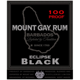 MOUNT GAY RUM BARBADOS PERFECTED BY TRADITION SINCE 1703 100 PROOF ECLIPSE BLACK PRODUCT OF BARBADOS PRODUCED, BLENDED AND EXPORTED BY MOUNT GAY DISTILLERIES LIMITED BRANDONS, ST. MICHAEL, BARBADOS, WEST INDIES MG logo