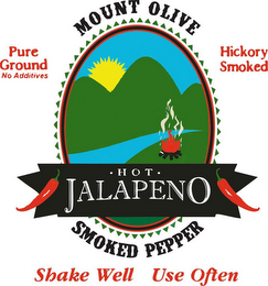 MOUNT OLIVE SMOKED PEPPER PURE GROUND NO ADDITIVES HICKORY SMOKED SHAKE WELL USE OFTEN · HOT · JALAPENO logo
