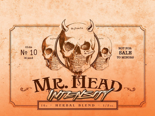 MR. HEAD INTENSITY OLDE NO. 10 BLEND NOT FOR SALE TO MINORS 14G - HERBAL BLEND - 1/2 OZ. OS FRONTIS OS MALA. MAXILLA SUPERIOR. MAXILLA INFERIOR. logo