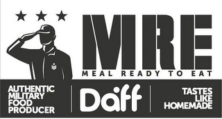 MRE MEAL READY TO EAT AUTHENTIC MILITARY FOOD PRODUCER DAFF TASTES LIKE HOMEMADE logo