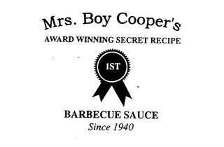 MRS. BOY COOPER'S AWARD WINNING SECRET RECIPE 1ST BARBECUE SAUCE SINCE 1940 logo