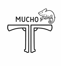 *MUCHO IS THE NAME OF THE CLOTHING BRAND *THE ANIMAL LOGO IS A CHAMELEON.THE OBJECTIVE LOGO SHOWS TWO PISTOLS POSITIONED BACK-TO-BACK, POINTING DOWNWARD, MEANING HUMBLENESS AND STRENGTH.