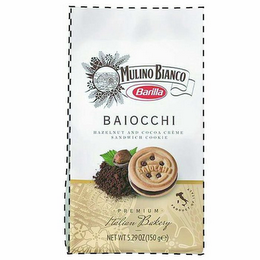 MULINO BIANCO BARILLA BAIOCCHI HAZELNUTAND COCOA CRÈME SANDWICH COOKIE PREMIUM ITALIAN BAKERY PRODUCT OF ITALY NET WT 5.29OZ(150GE) logo