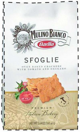 MULINO BIANCO BARILLA SFOGLIE OVEN BAKED CRACKERS WITH TOMATO AND OREGANO PREMIUM ITALIAN BAKERY PRODUCT OF ITALY NET WT 5.64 OZ (160GE) logo