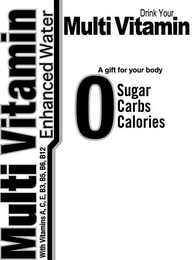 MULTI VITAMIN ENHANCED WATER WITH VITAMINS A, C, E, B3, B5, B6, B12 DRINK YOUR MULTI VITAMIN A GIFT FOR YOUR BODY 0 SUGAR CARBS CALORIES logo