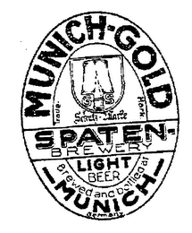 MUNICH-GOLD SPATEN-BREWERY G S SCHUTZ-WARTE LIGHT BEER BREWED AND BOTTLED AT MUNICH GERMANY logo