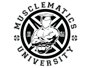 MUSCLEMATICS UNIVERSITY 100 LBS 45.4 KGS logo