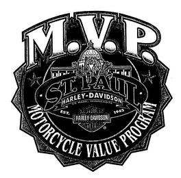 M.V.P. ST. PAUL HARLEY-DAVIDSON ST. PAUL, MINNESOTA HARLEY-DAVIDSON MOTOR CYCLES EST. 1945 MOTORCYCLE VALUE PROGRAM logo