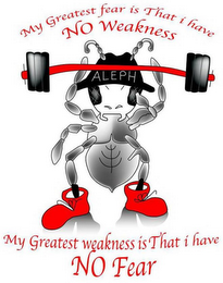 MY GREATEST FEAR IS THAT I HAVE NO WEAKNESS ALEPH MY GREATEST WEAKNESS IS THAT I HAVE NO FEAR logo