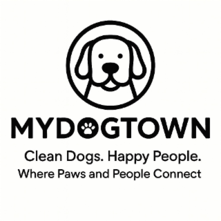 MYDOGTOWN  CLEAN DOGS. HAPPY PEOPLE.  WHERE PAWS AND PEOPLE CONNECT logo