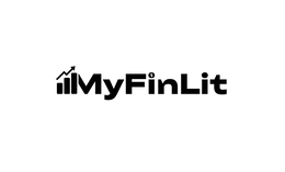 MYFINLIT AND $ IN A CIRCLE AS THE DOT ABOVE FIRST I. BAR CHART WITH UP ARROW ATTACHED TO M. logo