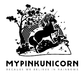 MYPINKUNICORN BECAUSE WE BELIEVE IN RAINBOWS logo