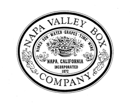 NAPA VALLEY BOX COMPANY WINES.SUN.WATER.GRAPES.TIME.WINE NAPA, CALIFORNIA INCORPORATED 1872 logo
