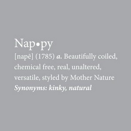 NAPPY DEFINITION: [NAPE] (1785) A. BEAUTIFULLY COILED, CHEMICAL FREE, REAL, UNALTERED, VERSATILE, STYLED BY MOTHER NATURE SYNONYMS: KINKY, NATURAL logo