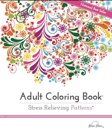 NATIONAL BEST SELLER, ADULT COLORING BOOK, STRESS RELIEVING PATTERNS, BLUE STAR logo