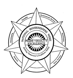 NATIONAL HOUSEKEEPERS WEEK PRIDE QUALITY EXCELLENCE SOLVING TOMORROW'S PROBLEMS TODAY 1995 JANITORIAL HOUSEKEEPING CUSTODIAL ENVIRONMENTAL SERVICES MAINTENANCE GUEST SERVICES logo