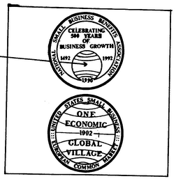 NATIONAL SMALL BUSINESS BENEFITS ASSOCIATION CELEBRATING 500 YEARS OF BUSINESS GROWTH 1492 1992 UNITED STATES SMALL BUSINESS EUROPEAN COMMON MARKET ONE ECONOMIC GLOBAL VILLAGE 1992 logo