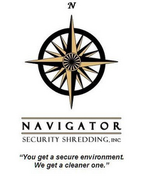 NAVIGATOR SECURITY SHREDDING, INC. "YOU GET A SECURE ENVIRONMENT. WE GET A CLEANER ONE." logo