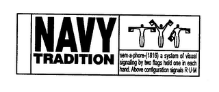 NAVY TRADITION SEM-A-PHORE (1816) A SYSTEM OF VISUAL SIGNALING BY TWO FLAGS HELD ONE IN EACH HAND. ABOVE CONFIGURATION SIGNALS R-U-M logo