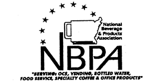 NBPA NATIONAL BEVERAGE & PRODUCTS ASSOCIATION "SERVING: OCS, VENDING, BOTTLED WATER, FOOD SERVICE, SPECIALTY COFFEE & OFFICE PRODUCTS" logo
