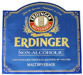 NET CONTENTS 1 PINT 0.9 FL.OZ. ERDINGER WEISSBRÄU GETREU DEM BAYERISCHEN REINHEITSGEBOT VON 1516 AUS BAYERN ERDINGER NON-ALCOHOLIC CONTAINS LESS THAN 0.5% ALCOHOL BY VOLUME MALT BEVERAGE PRODUCT OF GERMANY logo