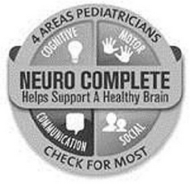 NEURO COMPLETE HELPS SUPPORT A HEALTHY BRAIN 4 AREAS PEDIATRICIANS CHECK FOR MOST COGNITIVE MOTOR COMMUNICATION SOCIAL logo