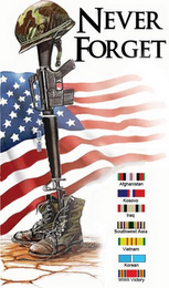 NEVER FORGET AFGHANISTAN KOSOVO IRAQ SOUTHWEST ASIA VIETNAM KOREAN WWII VICTORY logo