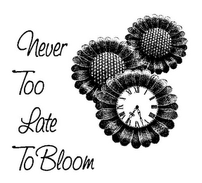 NEVER TOO LATE TO BLOOM I II III IIII V VI VII VIII IX X XI XII logo
