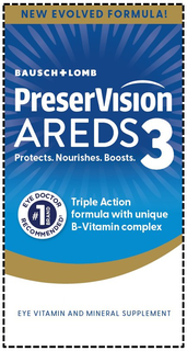 NEW EVOLVED FORMULA! BAUSCH + LOMB PRESERVISION AREDS 3 PROTECTS. NOURISHES. BOOSTS. EYE DOCTOR RECOMMENDED #1 BRAND TRIPLE ACTION FORMULA WITH UNIQUE B-VITAMIN COMPLEX EYE VITAMIN AND MINERAL SUPPLEMENT logo