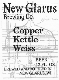 NEW GLARUS BREWING CO. COPPER KETTLE WEISS BEER 12 FL. OZ. BREWED AND BOTTLED IN NEW GLARUS, WI logo