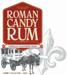 NEW ORLEANS LOUISIANA ROMAN CANDY RUM COMPANY VANILLA FLAVORED RUM ESTABLISHED 1915 ROMAN CHEWING 1.00 A STICK CANDY ROMAN CANDY 1.00 A STICK 70 PROOF 35% ALC. BY VOL. 750 ML logo
