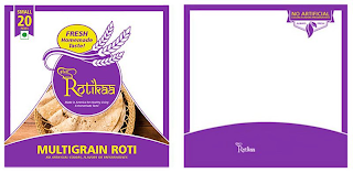 NEW ROTIKAA MADE IN AMERICA FOR HEALTHY LIVING & HOMEMADE TASTE SMALL 20 PIECES FRESH HOMEMADE TASTE! MULTIGRAIN ROTI NO ARTIFICIAL COLORS, FLAVORS OR PRESERVATIVES NO ARTIFICIAL COLORS · FLAVORS · PRESERVATIVES ALWAYS FRESH NEW ROTIKAA logo