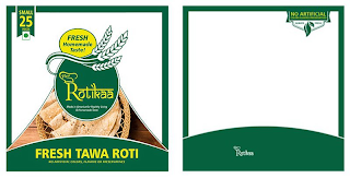 NEW ROTIKAA MADE IN AMERICA FOR HEALTHY LIVING & HOMEMADE TASTE BIG 25 PIECES FRESH HOMEMADE TASTE! FRESH TAWA ROTI NO ARTIFICIAL COLORS, FLAVORS OR PRESERVATIVES NO ARTIFICIAL COLORS · FLAVORS · PRESERVATIVES ALWAYS FRESH NEW ROTIKAA logo