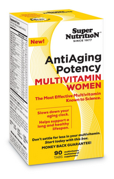 NEW! SUPER NUTRITION SINCE 1977 ANTIAGING POTENCY MULTIVITAMIN WOMEN THE MOST EFFECTIVE MULTIVITAMIN KNOWN TO SCIENCE. SLOWS DOWN YOUR AGING CLOCK. HELPS SUPPORT A LONG AND HEALTHY LIFESPAN. DON'T SETTLE FOR LESS IN YOUR MULTIVITAMIN. START TODAY WITH THIS BOX. MONEY BACK GUARANTEE! 90 TABS MULTIVITAMIN MULTIMINERAL SUPPLEMENT