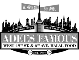 NEW YORK CITY'S BEST HALAL FOOD ADEL'S FAMOUS WEST 49TH ST. & 6TH AVE. HALAL FOOD EST. 1987 W. 49TH ST. 6TH AVE logo