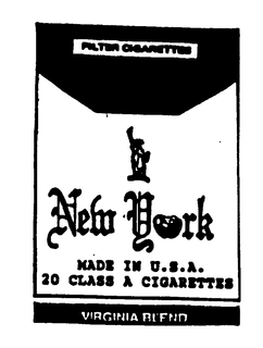 NEW YORK FILTER CIGARETTES MADE IN U.S.A. 20 CLASS A CIGARETTES VIRGINIA BLEND logo