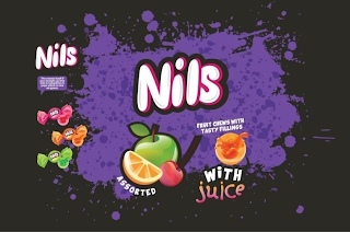 NILS; THE SWEETS ITSELF IF YOU STRAIGHT UP BITE INTO IT SOMETIMES IT POPS WHICH IS NICE WE GUESS FRUIT CHEWS WITH TASTY FILLINGS WITH JUICE ASSORTED logo