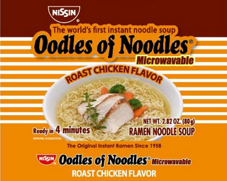 NISSIN THE WORLD'S FIRST INSTANT NOODLE SOUP OODLES OF NOODLES MICROWAVABLE ROAST CHICKEN FLAVOR READY IN 4 MINUTES RAMEN NOODLE SOUP THE ORIGINAL INSTANT RAMEN SINCE 1958 NISSEN OODLES OF NOODLES MICROWAVABLE ROAST CHICKEN FLAVOR logo